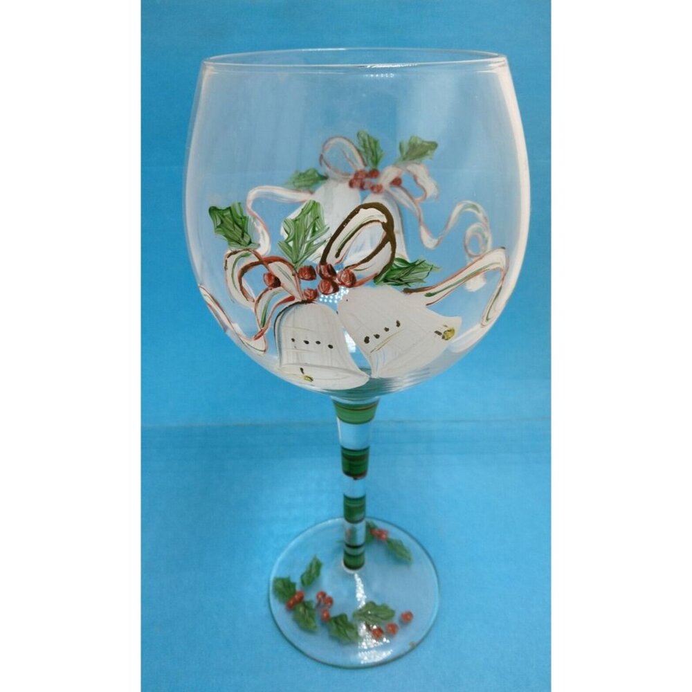 Christmas Balloon Wine Glass Handpainted Holly Bell